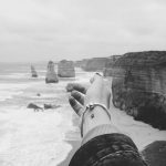 Black and white photo of the iconic Twelve Apostles along the Great Ocean Road.